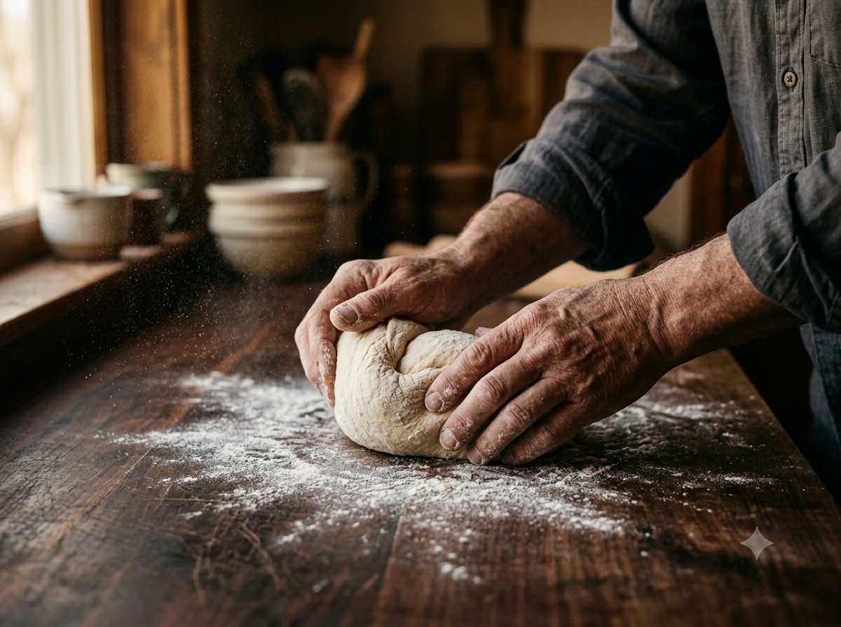 Hände kneten Pizzateig auf einer bemehlten Holzarbeitsplatte